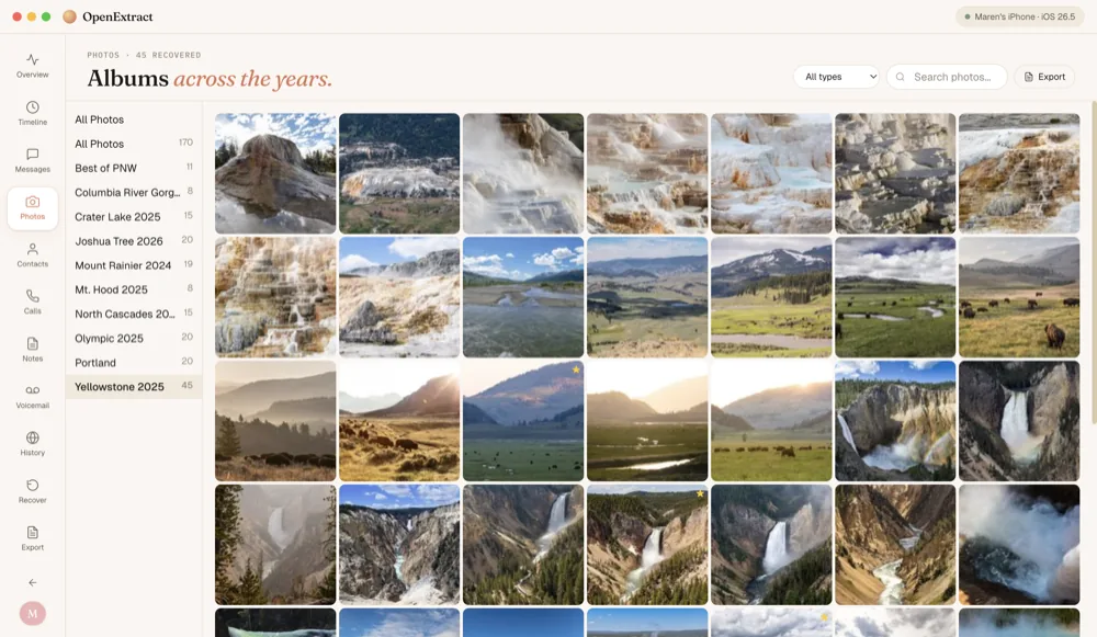 The Yellowstone 2025 album open, showing 45 photos of hot springs, bison and waterfalls.