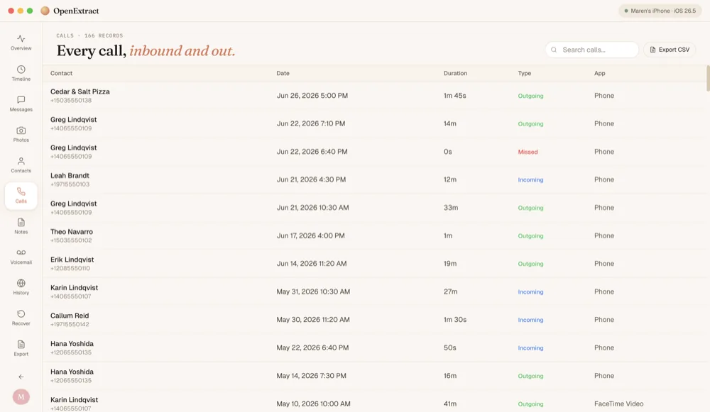 The Calls screen: a table of calls with contact, date, duration, whether it was incoming, outgoing or missed, and the app used.