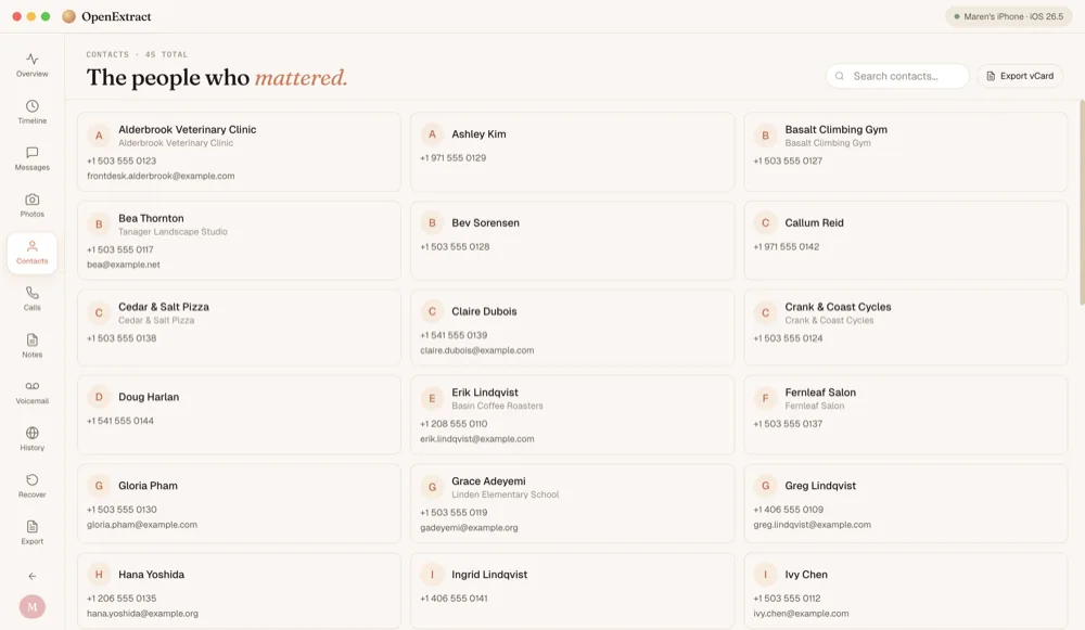 The Contacts screen: cards with each person's name, company, phone number and email.
