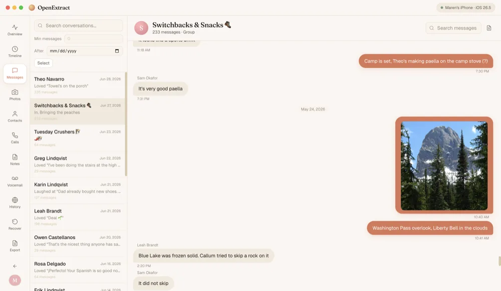 A group chat called Switchbacks & Snacks, with each message labeled by who sent it and a mountain photo in the thread.