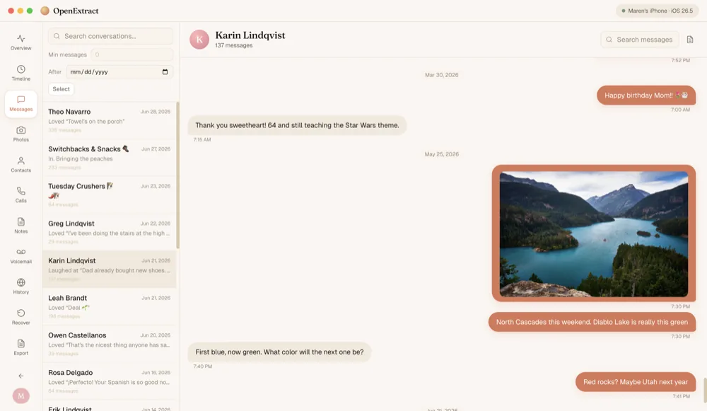 A text conversation with Maren's mom, including a photo of Diablo Lake sent in the thread.