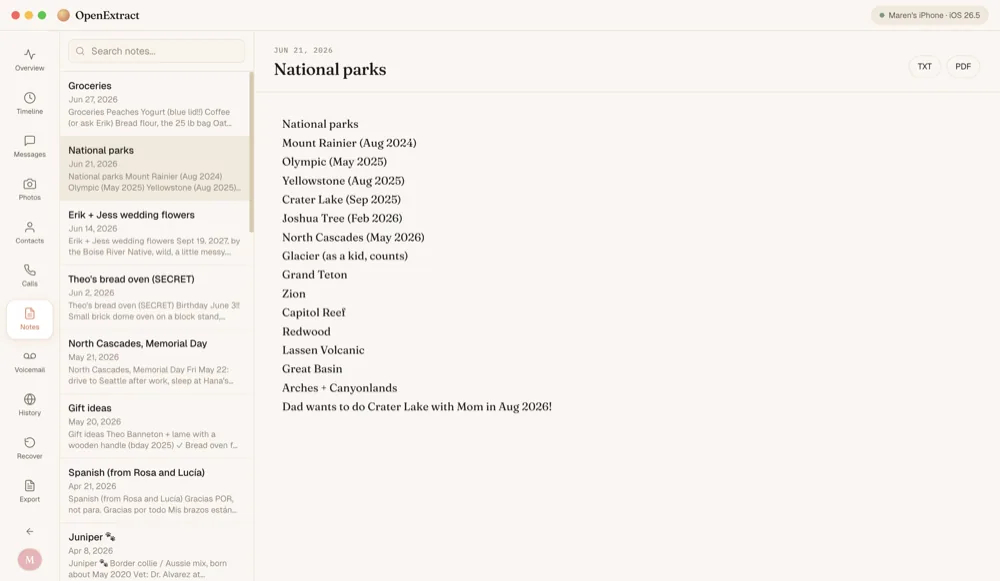 The Notes screen with a note called National parks open, listing parks visited and planned.