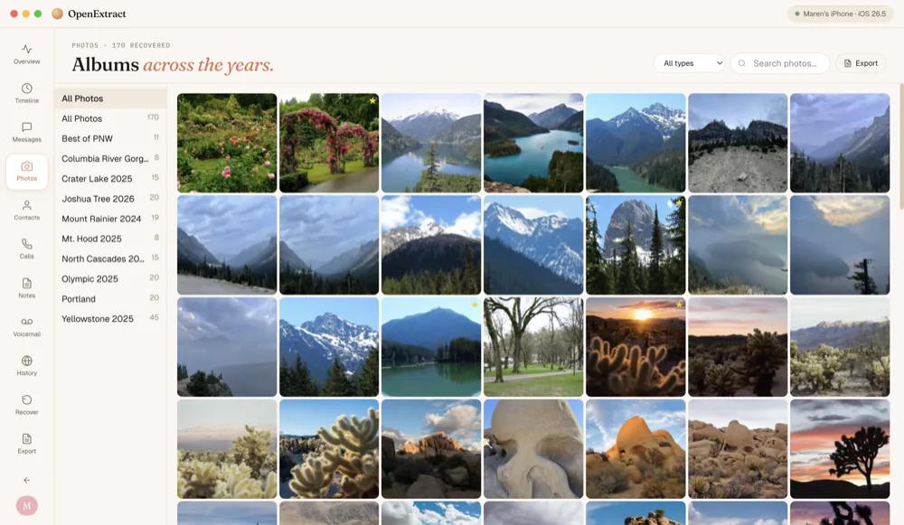 The Photos screen: a grid of landscape photos with the backup's albums listed alongside.