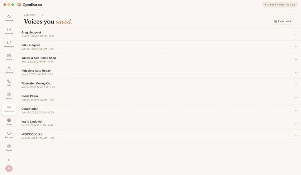 The Voicemail screen: nine saved voicemails, each with the caller, date and length.